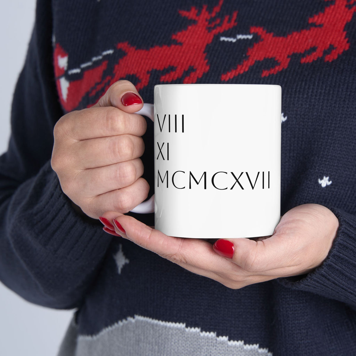 Roman Numeral Date Ceramic Mug — Celebrate that special date with every sip